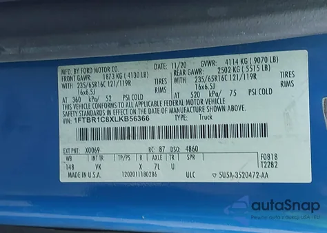 2020 Ford Transit-250 z USA, uszkodzony, nr VIN 1FTBR1C8XLKB56366